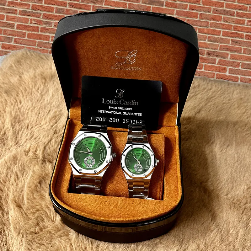 Louis Cardin Green Dial Silver-tone Couple Set- 1844G/8844L